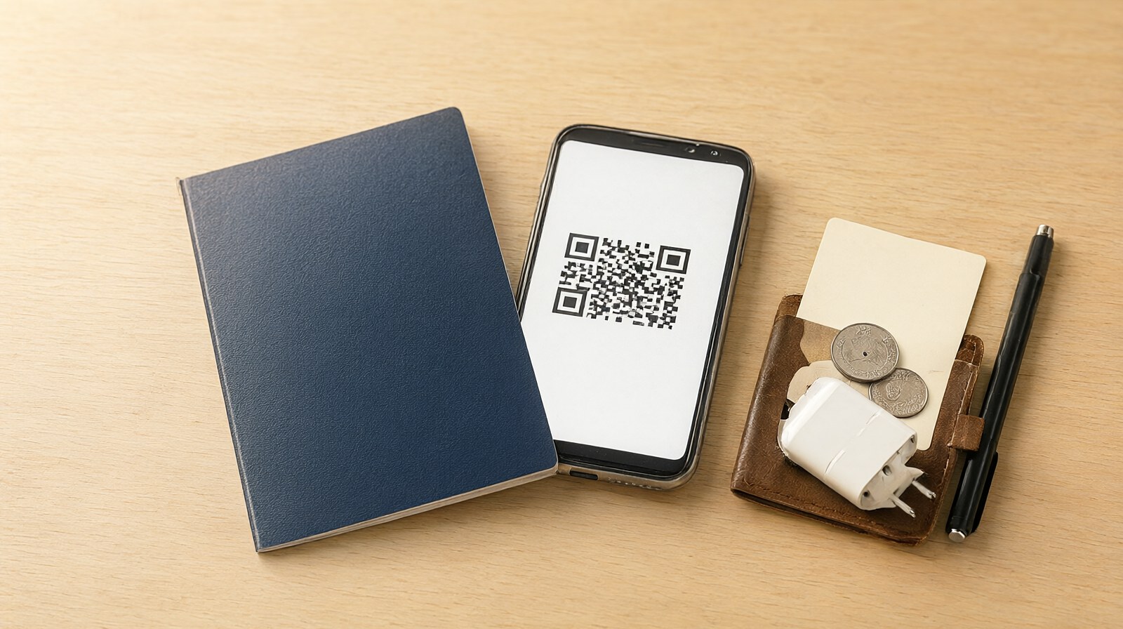 여권과 휴대폰 화면의 QR, 변환 플러그를 펼쳐 놓은 출국 준비물