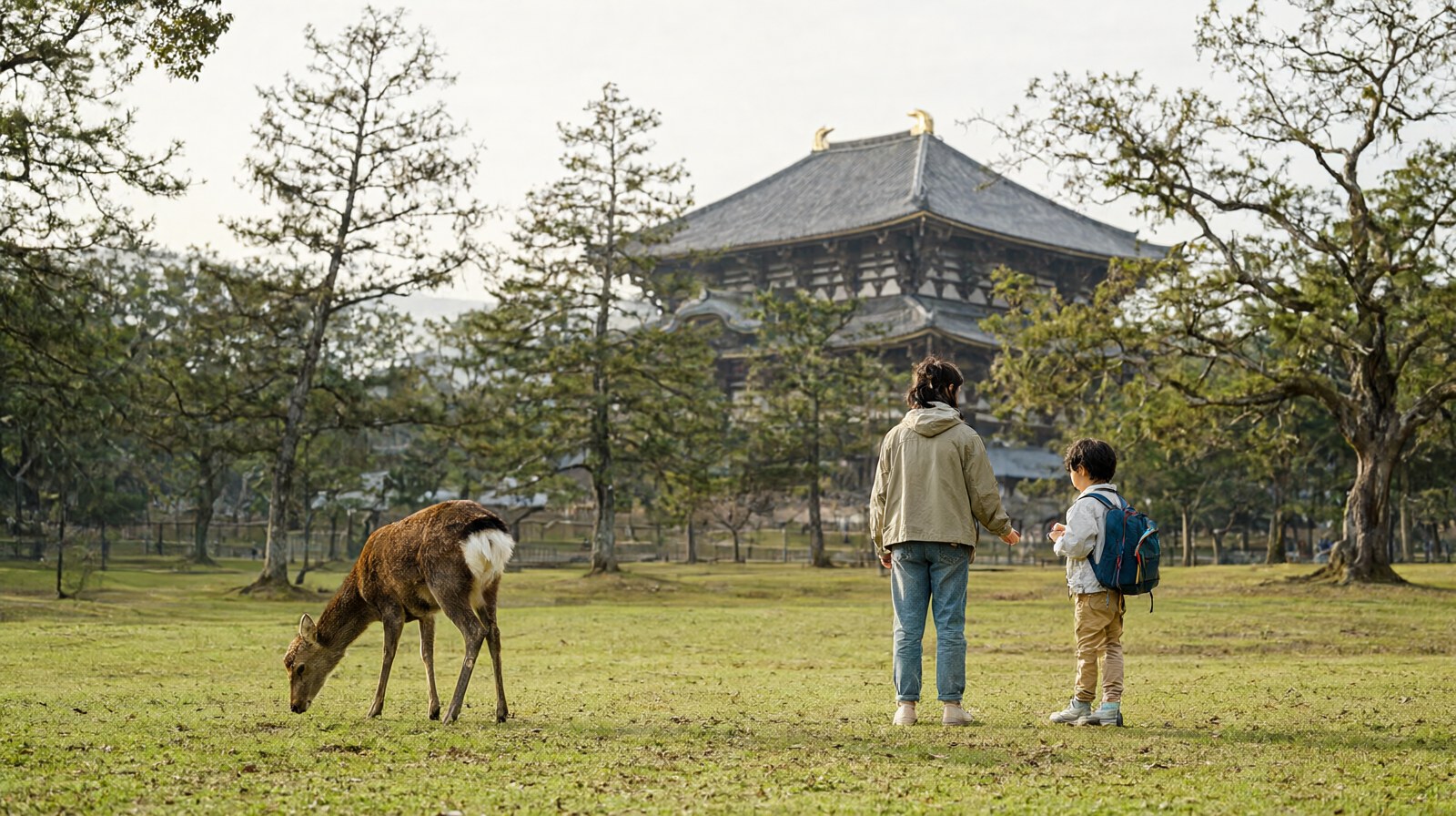 나라공원에서 풀을 뜯는 사슴과 뒤로 보이는 도다이지 대불전 지붕